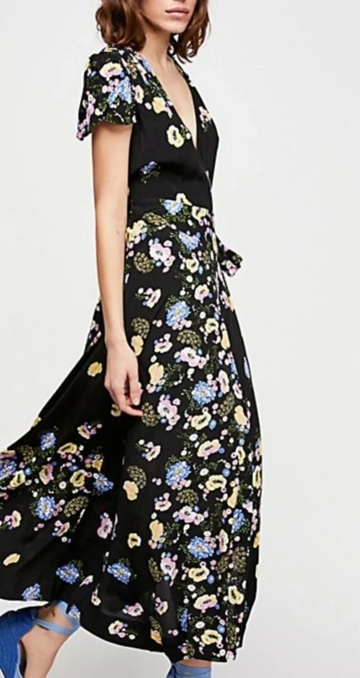 NWT! FREE PEOPLE Black floral wrap dress